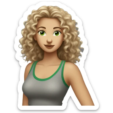 girl with dirty blonde curly hair and green eyes with a grey tank top on and a cat sticker