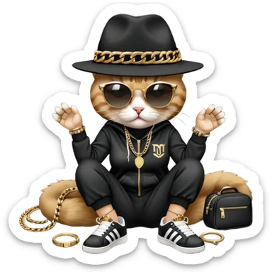 female cat dressed like Run DMC with tracksuit, fedora, Adidas shoes, dark sunglasses, lots of gold chains, rings, bracelets, earrings, lying on the ground, distressed and crying sticker