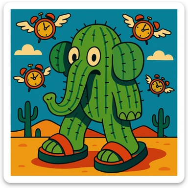 giant cactus elephant wearing huge sandals in a desert with flying alarm clocks in the sky, inspired by Lyriq LaRue from Super Brainrot sticker