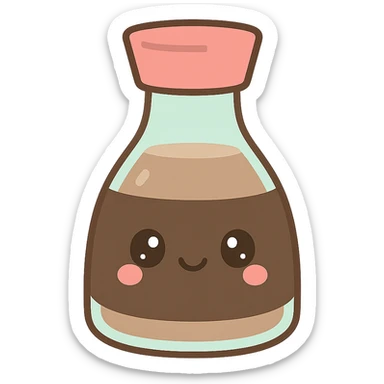 a bottle of Japanese soy sauce, kawaii style, cute face on the bottle, pastel colors sticker
