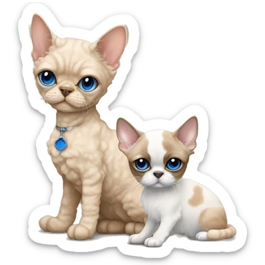 Beige curly fur Devon Rex Cat with blue eyes sitting next to a beige shih tzu   sticker