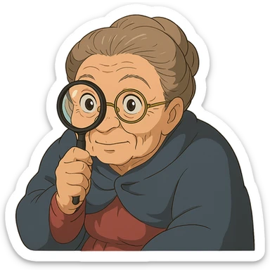 grandmother with glasses peering through a magnifying glass in ghibli style sticker