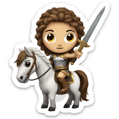  valkyrie with white skin, brown eyes and hair on a horse with a sword sticker