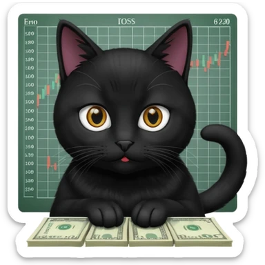 stock investing black and smart cat, with stock charts and money sticker