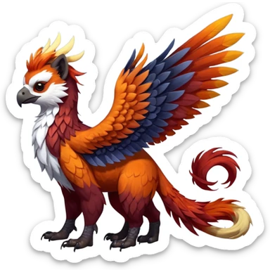 4-legged colorful shiny smooth glossy furry realistic scaly winged long-big-beaked Gryphon-Griffin-Griffsnuff-Talonflame-Silvally-Braviary-Red-Panda-fusion-hybrid-animal-Fakémon-creature, full body, with a long thin tufted lion-tail sticker