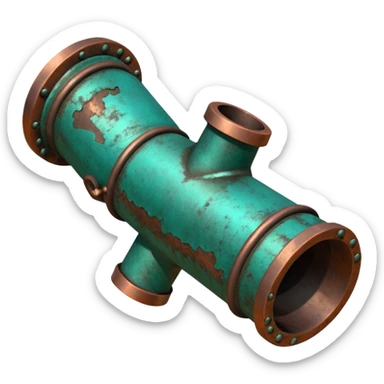 3D render of Garden Pipe, heavily oxidized copper texture, verdigris patina, Pipe joint with teal oxidation, weathered bronze aesthetic, ancient decay, emoji style, isolated on white background --v 6.0. sticker