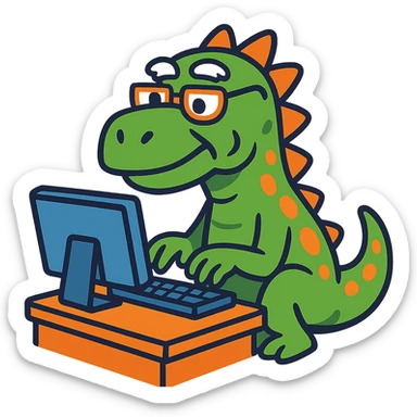 cartoonish old dinosaur typing on a computer sticker