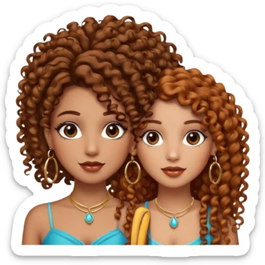 Puerto Rican fair skin straight brown hair with hoop earrings make up and my best friend caramel colored curly hair with jewelry and makeup on her face besties side-by-side sticker