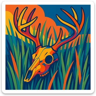 deer skull in tall grass, vibrant colors, detailed illustration sticker