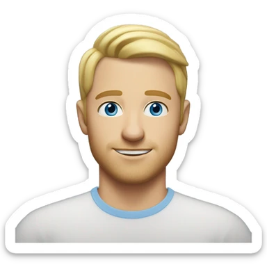 A head and shoulders shot of a 32 year old white man, with short blonde hair,   with blue eyes wearing a t-shirt. sticker