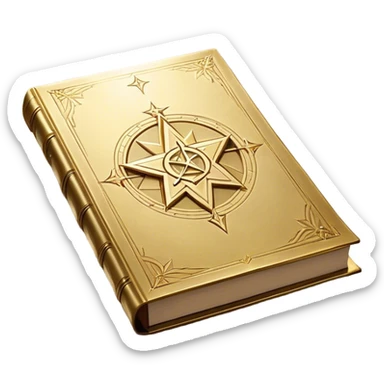 A shimmering gold book with a radiant glow, floating slightly as if under a spotlight. Its cover features a bold, star-like sigil ✨, symbolizing influence and magnetism. Light halo effects or sparkles surround it, giving off an aura of effortless charm and star power. sticker