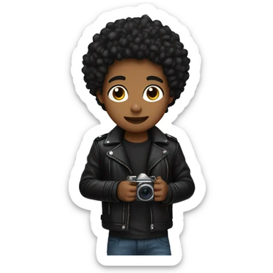 young brown skin man with black curly hair and black leather jacket holding camera sticker