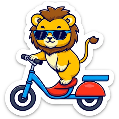 lion riding a bike with sunglasses, cartoon sticker style sticker