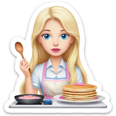 Cinematic realistic beautiful blonde with long hair, blue eyes and pink lips in a white dress cooks pancakes sticker
