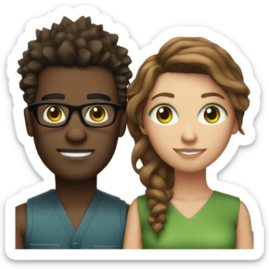 black male with spikey hair and glasses and white female with brown wavy hair , green eyes and glasses sticker