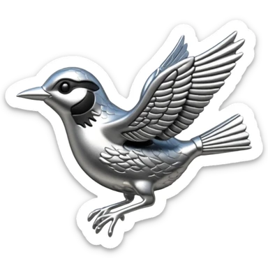 A cast metal pin depicting a silver wren in flight sticker