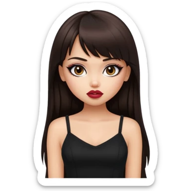generate a pretty bratz girl in black cami top, dark brown straight long hair with bangs, eyeliner on, sticker