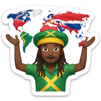Rasta man with arms wide open 🙌🏾🔥 standing in front of world map 🌍🎶 with every flag 🇯🇲🇺🇸🇬🇧🇫🇷🇮🇳🇧🇷🇳🇬 saying ONE LOVE 💛💚❤️ to di world 🌐🦁 sticker