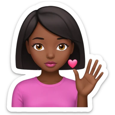 Dark skin girl asking for money with hand out make her more fabulous but still a clean look with a black bob and pink shirt  brown eye  with the kiss lips  sticker