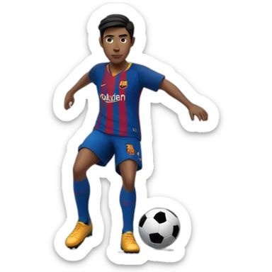 Teenager with black hair and fair skin playing soccer with ball in barcelona jersey sticker