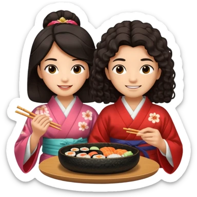 czarnowłosa ksieżniczka w dlugich wlosach je sushi z chłopakiem o czarno brązowych kręconych włosach i są zadowoleni sticker