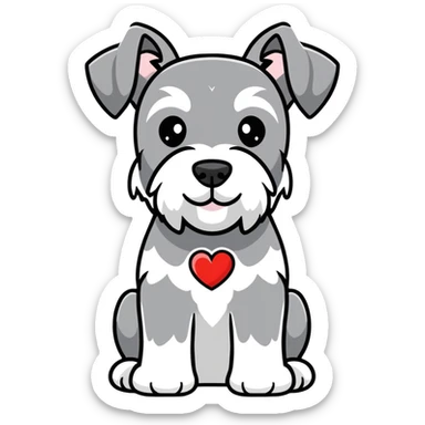 Gray and white schnauzer with a heart sticker