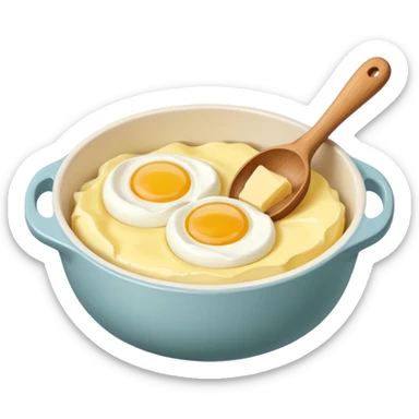 A carton of eggs, butter and a cream ceramic baking bowl with a wooden spoon in it sticker