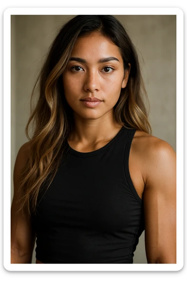 portrait of a half white half asian girl with tanned skin, brown hazel eyes, long slightly wavy brown balayage blond hair, wearing a tight black top, with a bit buff physique from gym sticker