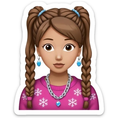 Chica blanca, pelo castaño recogido con pelos fuera, jersey de invierno y Nicki sticker