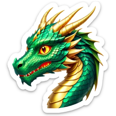 Cinematic Noble Dragon Portrait Emoji, Poised and majestic, with a sinuous, elongated body covered in intricately detailed, shimmering scales in hues of emerald and gold, and piercing, fiery eyes that reflect ancient wisdom; rendered with lifelike texture and natural highlights, high shine, intelligent and formidable, styled with an aura of mythic power, focused and attentive, soft glowing outline, capturing the essence of a legendary dragon that appears ready to soar out of the screen with timeless authority! sticker
