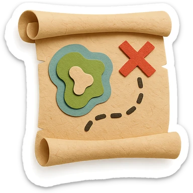 rolled treasure map with an X mark, dotted path, and island details, layered paper effect sticker
