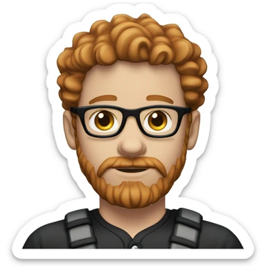 35 years old, male, short curly red hair, glasses, black baseball hat, blue eyes, pale complexion, beard and mustache sticker