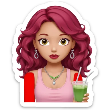 a pretty fair bratz girl with wavy dark red hair, wearing a pink tank top . silver dainty layered necklaces, carrying a matcha sticker