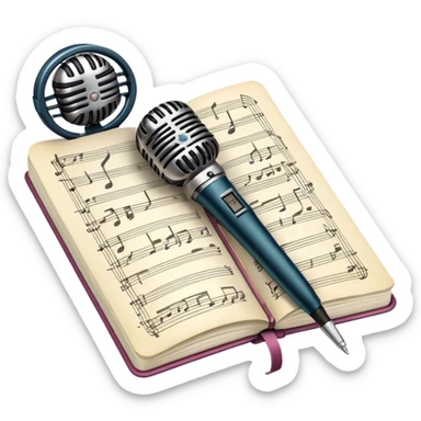 Create an emoji representing songwriting. The design should feature an open notebook or sheet music with visible lyrics and musical notes, symbolizing the process of writing song lyrics. A pen or pencil should be placed near the notebook, indicating active writing. Optionally, include a vintage microphone or a quill to add a creative touch. Use a harmonious color palette with warm and neutral tones. Do not include any emojis or smiley faces. Make the background transparent. sticker