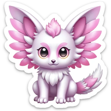 Shiny epic glittery iridescent divine white gold pink animal-fakemon-creature with head-ear-wings, cute, adorable, big eyes, fluffy tail sticker