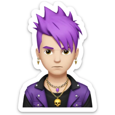 make a iphone emoji who is a white man that looks punk with purple punkk hair, with a black punk shirt and a golden neckless sticker