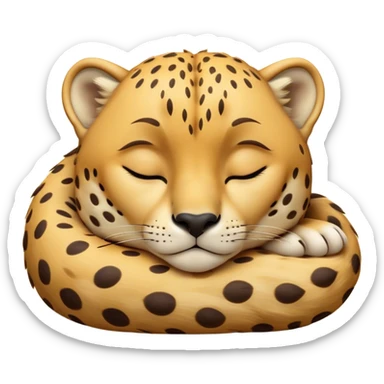 Meme-Worthy Cute Sleeping Cheetah Portrait Emoji, Head resting peacefully with a contented smile, showcasing a lean, muscular build and a luxuriously soft golden spotted Fur, eyes shut in a serene, restful nap, Simplified yet hilariously adorable features, highly detailed, glowing with a soft, drowsy light, high shine, relaxed and utterly lovable, stylized with an air of playful laziness, bright and heartwarming, soft glowing outline, capturing the essence of a comically sleepy cheetah, so meme-worthy it feels like it could instantly become the next viral sensation of adorable slumber! sticker