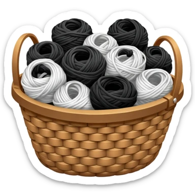 A basket with tangled black and white yarn spilling slightly over the side. sticker