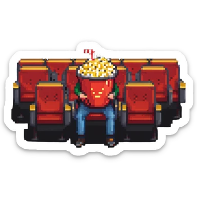Pixel art person sitting in movie theater chair with popcorn bucket, watching big screen sticker