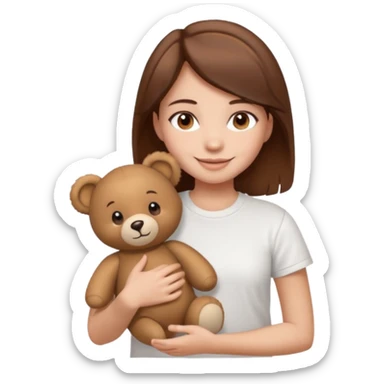 A Girl with Brown hair and Brown eyes with a t-shirt White. The t-shirt have dels a Teddy bearthe Gor have White skins and she is smiling sticker