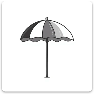 A beach umbrella with stripes in pastel colors (dd9fb0, ffc6d3, a3bfc9, c4bee2, f1b091), hand-drawn doodle style sticker