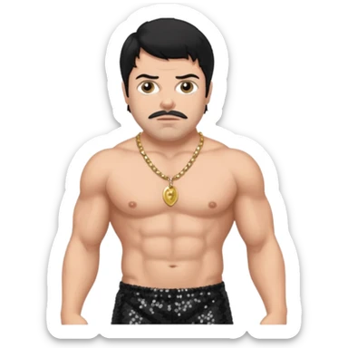 Oliver Reed with black hair, black sequin baggy pants, shirtless with necklace sticker