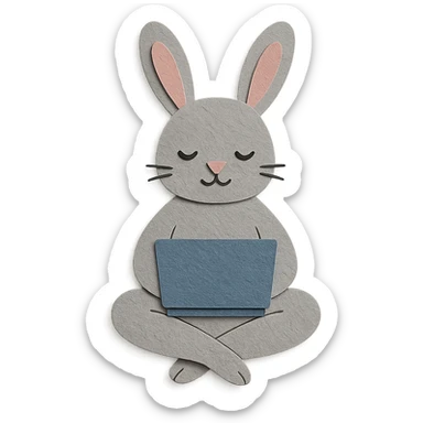 gray bunny sitting cross-legged with laptop in paper-craft style sticker