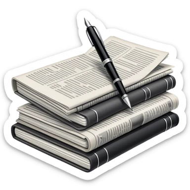 Create an emoji representing journalism and publicistic writing. The design should feature a stack of newspapers as the base, with an open working notebook placed on top of them. A single fountain pen should rest at the very top on the notebook, symbolizing the act of writing. Use neutral, professional colors like black, white, and muted tones to convey a sense of seriousness and intellect. Do not include any emojis or smiley faces. Make the background transparent. sticker
