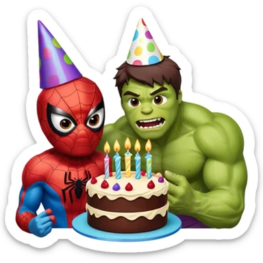 Spider-Man and Hulk eating a birthday cake sticker