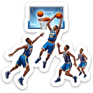 An icon featuring a basketball court with players in action, inspired by NBA 2K25. A player jumps for a dunk, with the ball mid-air. Bright lights illuminate the court, symbolizing the excitement of sports simulation games. Transparent background emphasizes the energy. sticker
