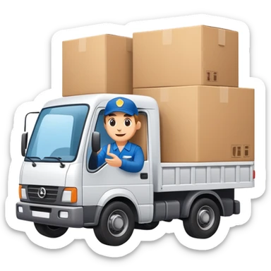 truck with a supplier in work uniform sitting inside, waving hi, cargo area overflowing with many boxes sticker