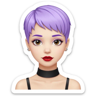 cool white girl with pastel purple pixie hair, black choker necklace, red lipstick, lip ring, half smile, fashionista vibe sticker