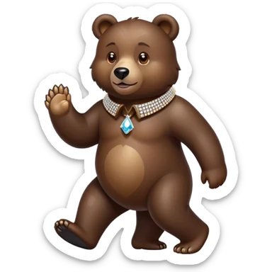 Dark brown bear walking on four paws wearing a luxury diamond-studded collar, shiny gems, minimalist emoji style sticker