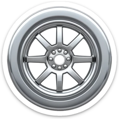 A chrome car wheel emoji, polished silver metal rim, smooth circular shape, minimal futuristic design, soft reflections, iOS emoji style, centered on white background, ultra clean look sticker